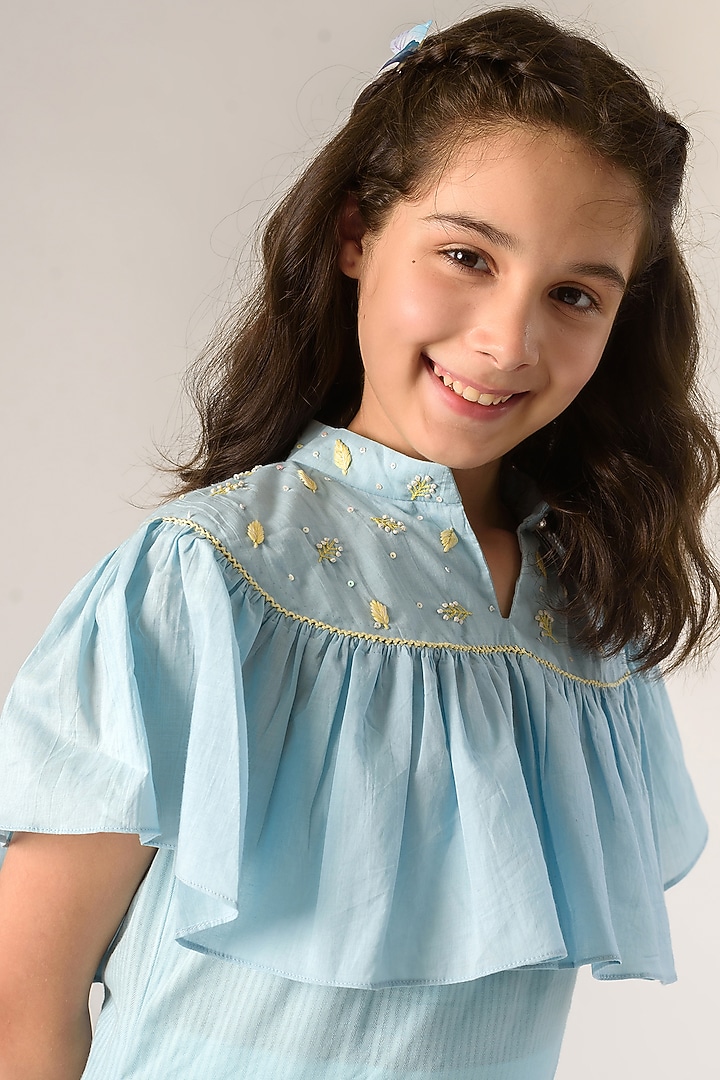 Ice Blue Embroidered Slip Dress For Girls by Littleens at Pernia's Pop Up Shop
