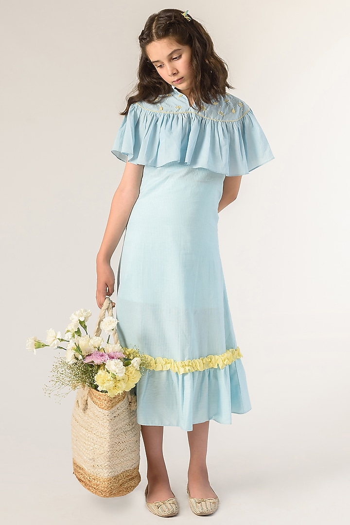 Ice Blue Embroidered Slip Dress For Girls by Littleens at Pernia's Pop Up Shop