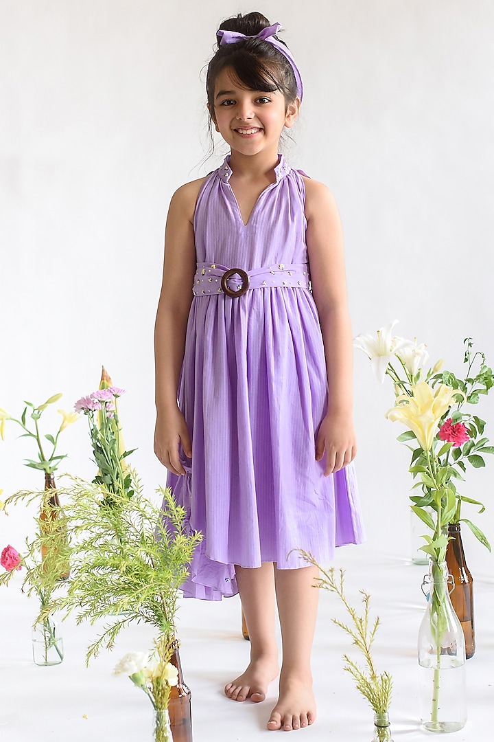 Lilac Embroidered Dress For Girls by Littleens