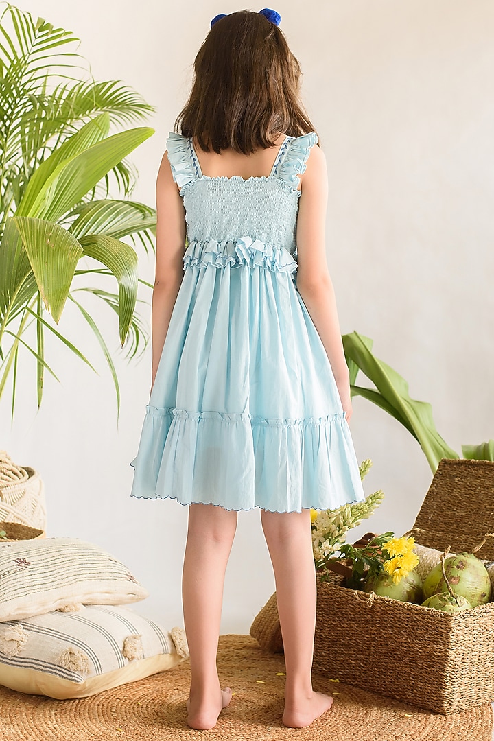 Ice Blue Embroidered Ruffled Dress For Girls by Littleens at Pernia's Pop Up Shop
