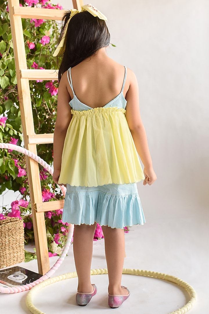 Blue & Yellow Hand Embroidered Dress For Girls by Littleens at Pernia's Pop Up Shop