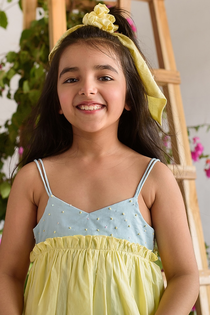 Blue & Yellow Hand Embroidered Dress For Girls by Littleens at Pernia's Pop Up Shop