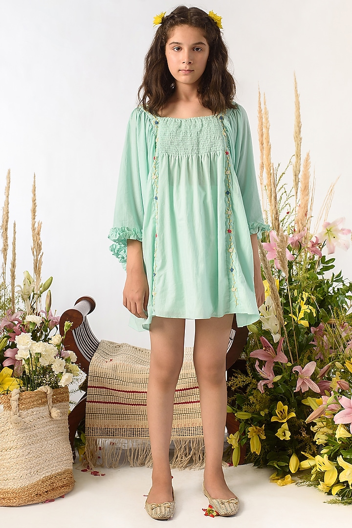 Sea Green Embroidered Dress For Girls by Littleens