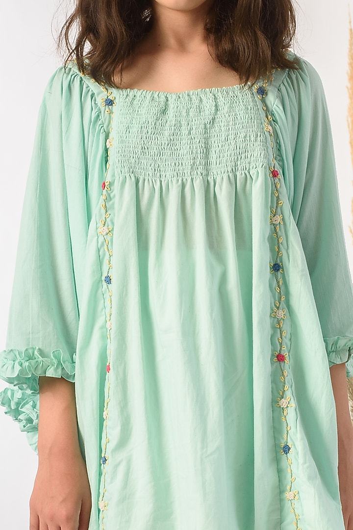 Sea Green Embroidered Dress For Girls by Littleens at Pernia's Pop Up Shop