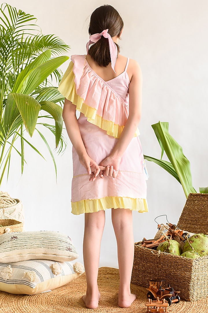 Blush Pink & Yellow Scalloped Dress For Girls by Littleens at Pernia's Pop Up Shop