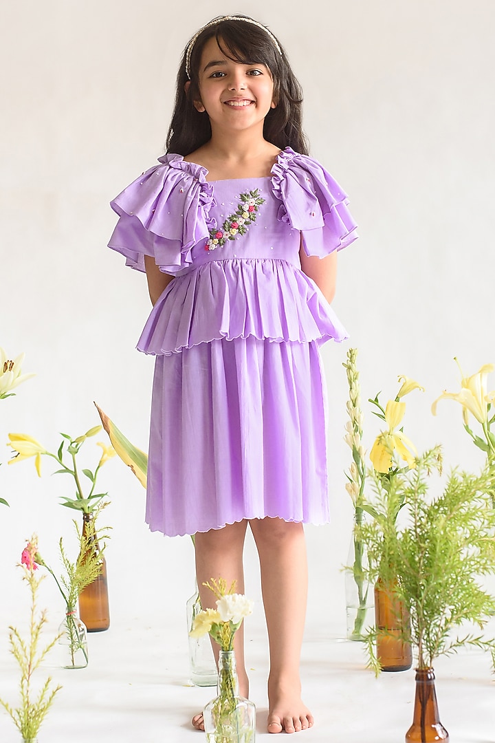 Lilac Embroidered Gathered Top For Girls by Littleens
