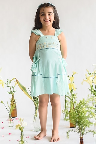 Sea Green Embroidered A-Line Dress For Girls by Littleens