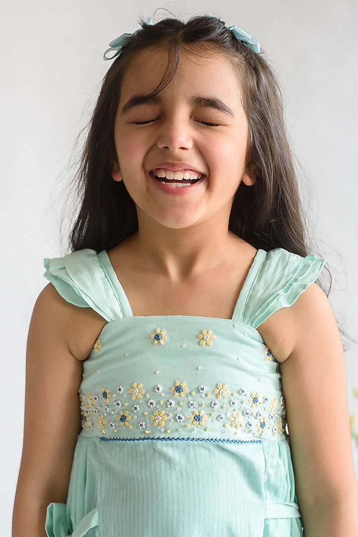 Sea Green Embroidered A-Line Dress For Girls by Littleens at Pernia's Pop Up Shop