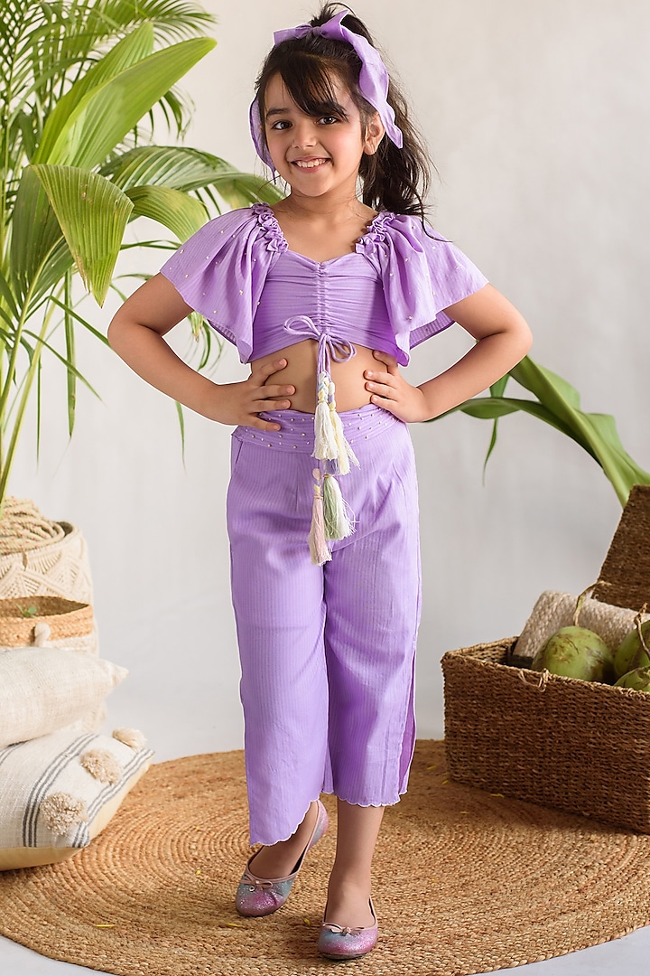 Lilac Embroidered Pant Set For Girls by Littleens at Pernia's Pop Up Shop