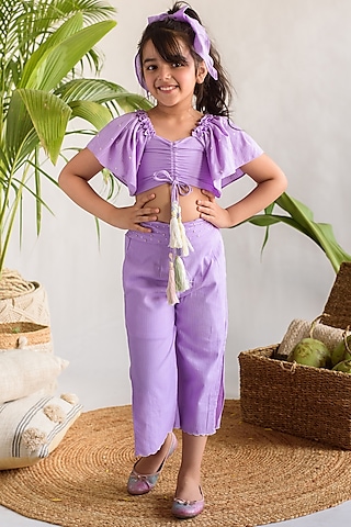 Lilac Embroidered Pant Set For Girls by Littleens