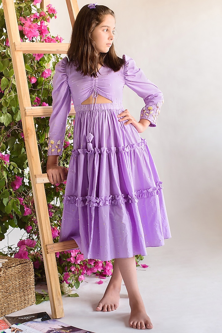Lilac Embroidered Tiered Dress For Girls by Littleens
