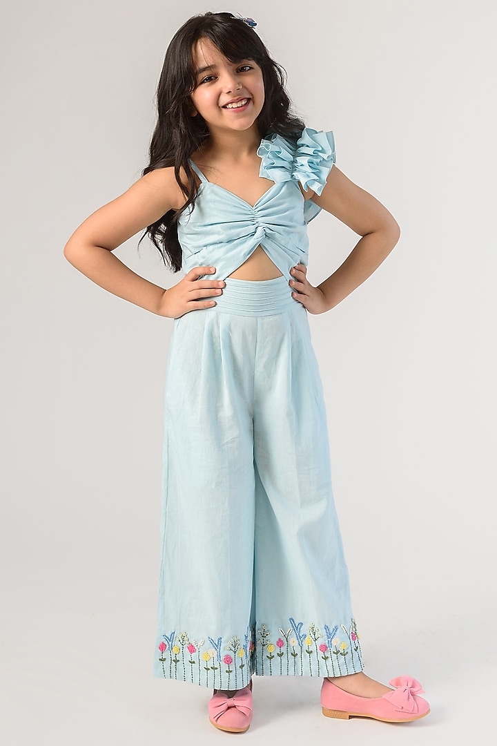 Baby Blue Embroidered Jumpsuit For Girls by Littleens