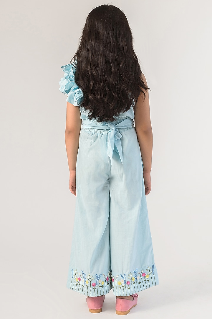 Baby Blue Embroidered Jumpsuit For Girls by Littleens at Pernia's Pop Up Shop