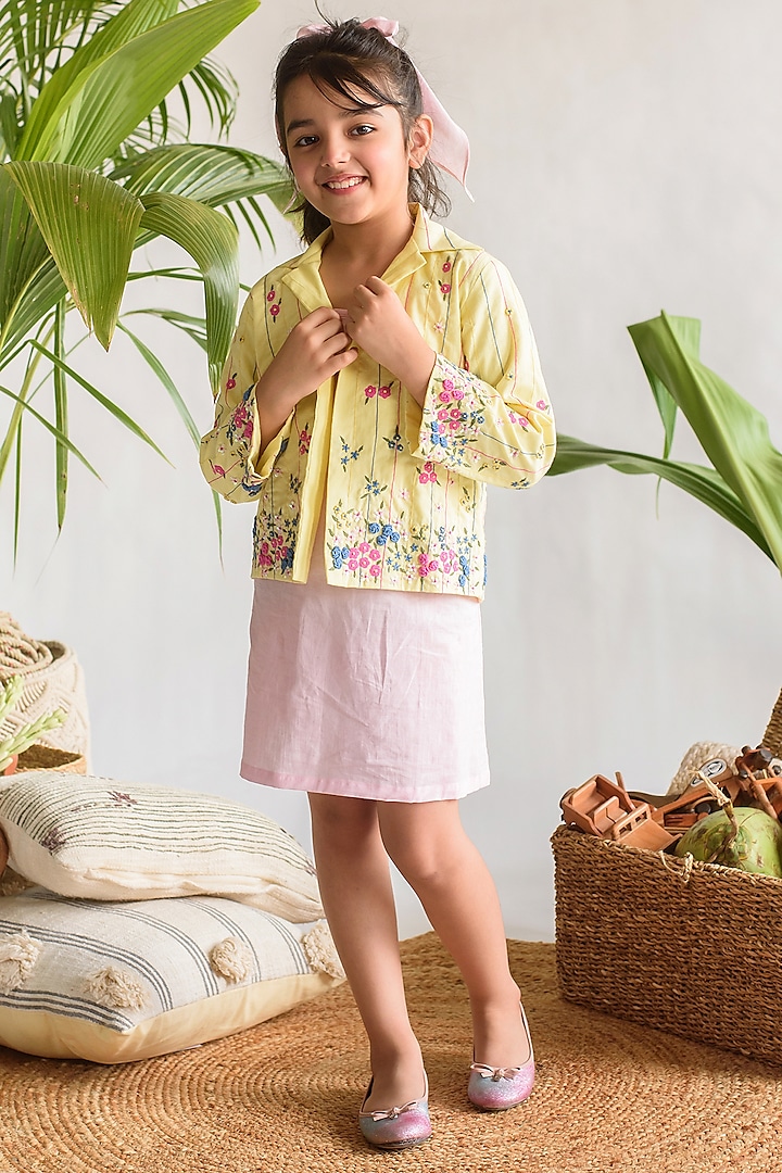Yellow Embroidered Jacket For Girls by Littleens