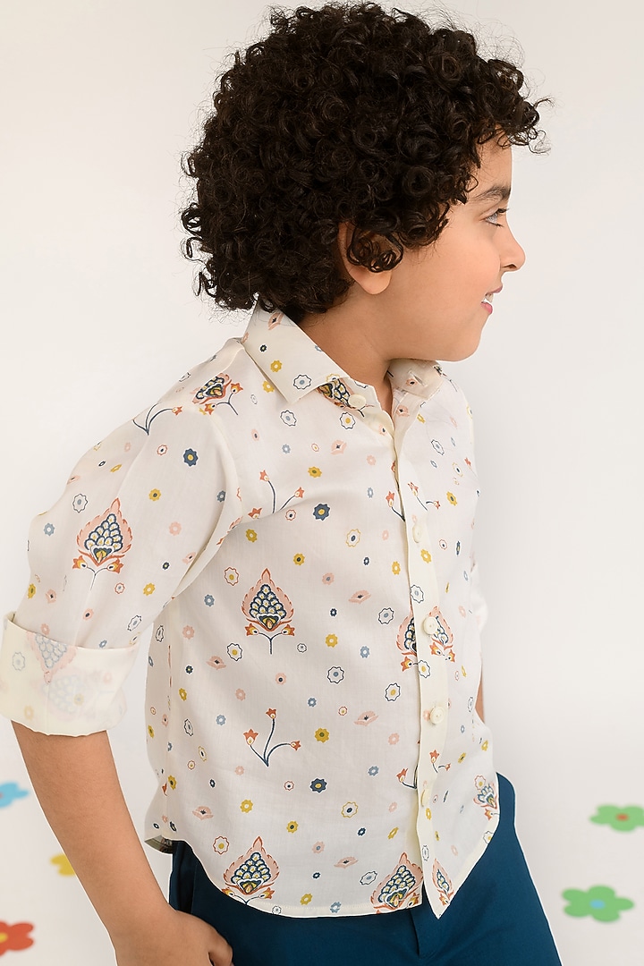 Pastel Yellow Floral Printed Shirt For Boys by Littleens at Pernia's Pop Up Shop