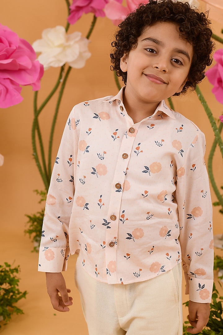 Peach Blush Printed Shirt For Boys by Littleens at Pernia's Pop Up Shop