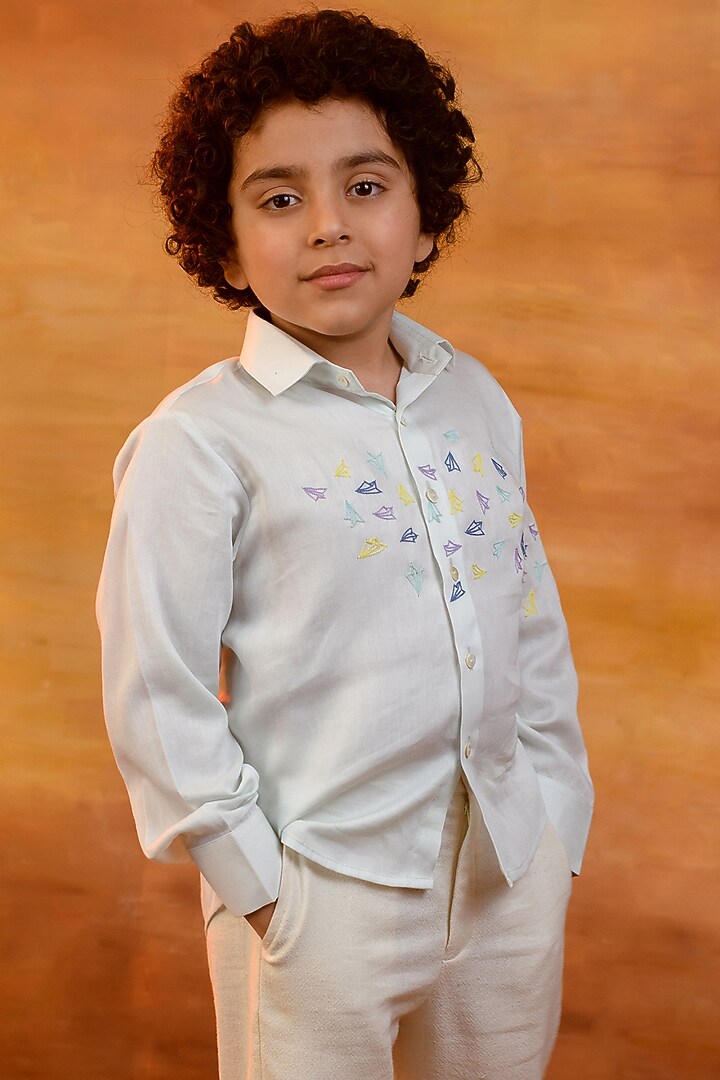Aqua Glass Embroidered Shirt For Boys by Littleens at Pernia's Pop Up Shop