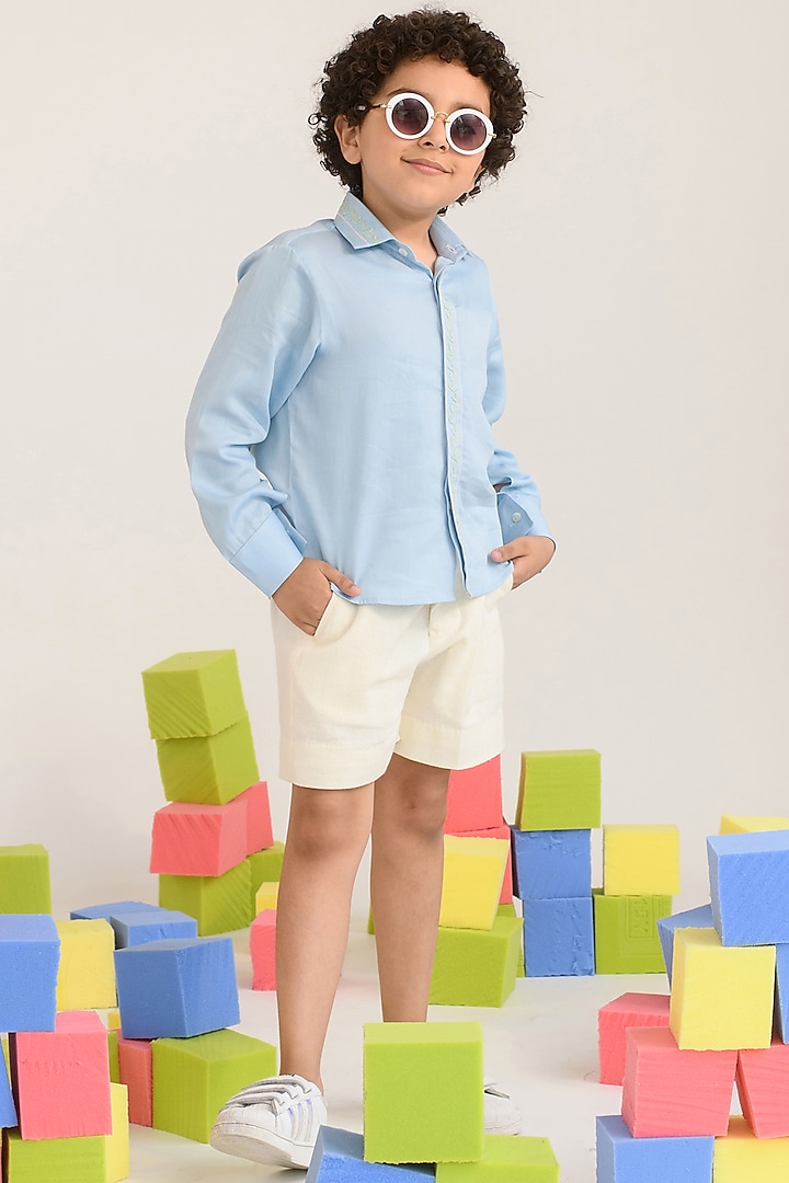 Pastel Blue Embroidered Shirt For Boys by Littleens