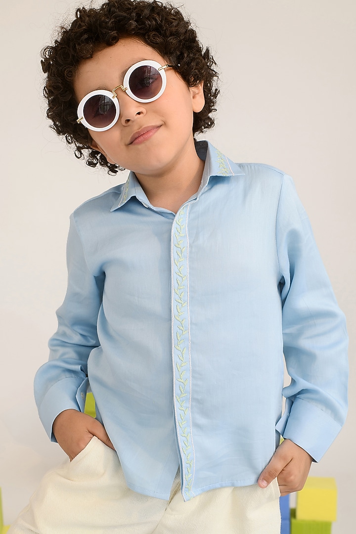 Pastel Blue Embroidered Shirt For Boys by Littleens at Pernia's Pop Up Shop