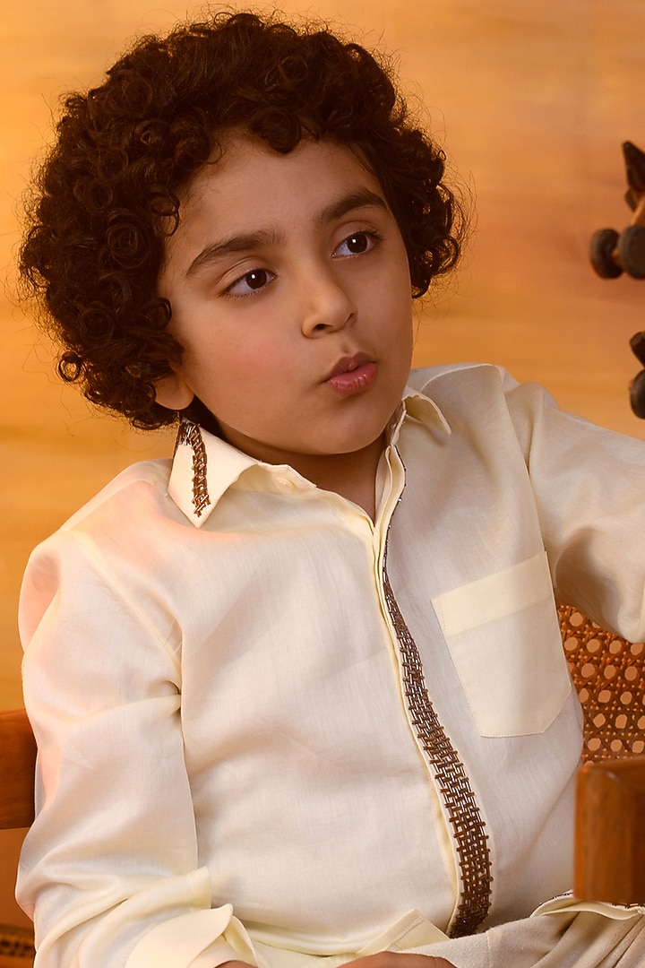 Pastel Yellow Cotton Satin Shirt For Boys by Littleens at Pernia's Pop Up Shop