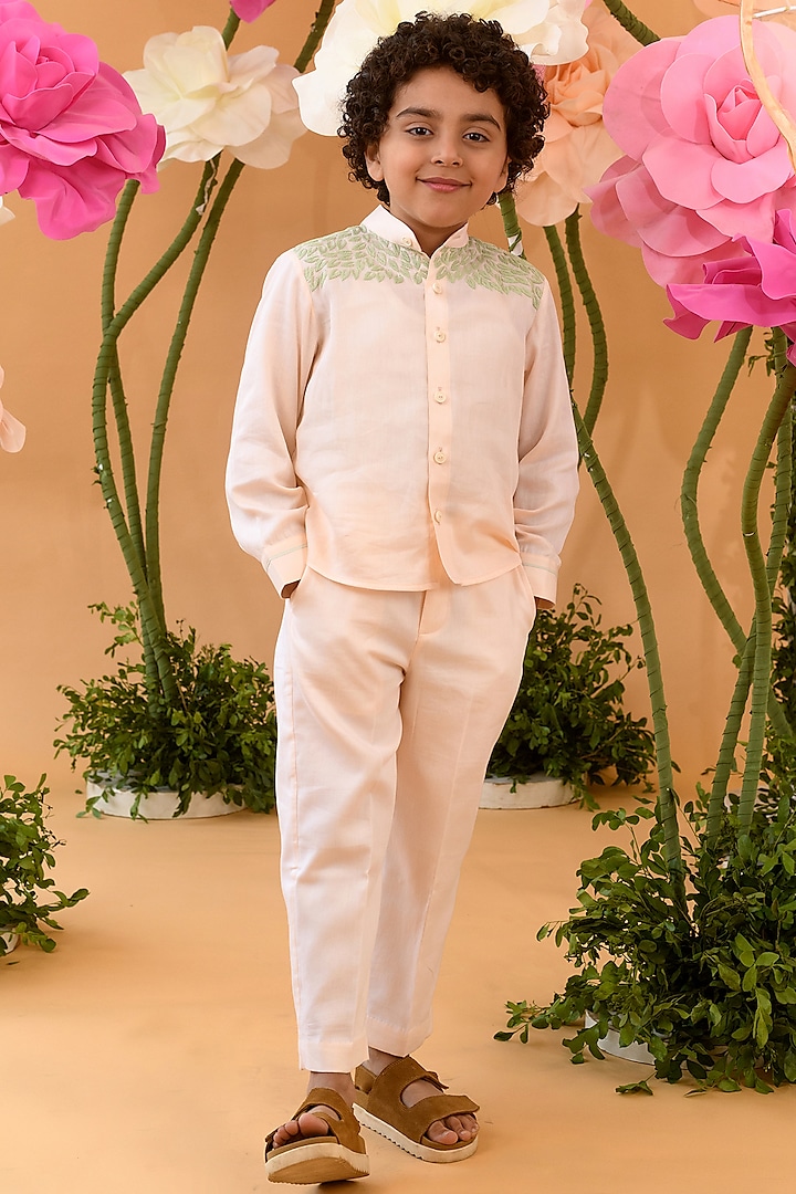 Peach Blush Embroidered Shirt For Boys by Littleens at Pernia's Pop Up Shop