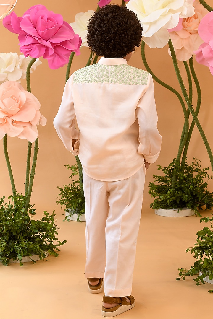 Peach Blush Embroidered Shirt For Boys by Littleens at Pernia's Pop Up Shop