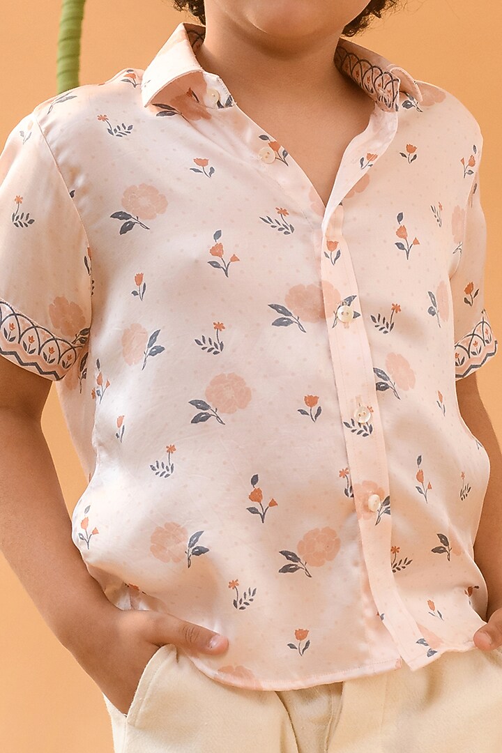 Peach German Satin Shirt For Boys by Littleens at Pernia's Pop Up Shop