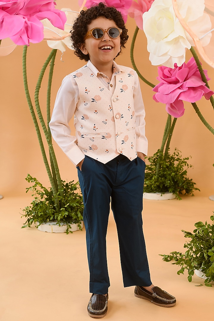 Peach Blush Printed Waistcoat For Boys by Littleens at Pernia's Pop Up Shop