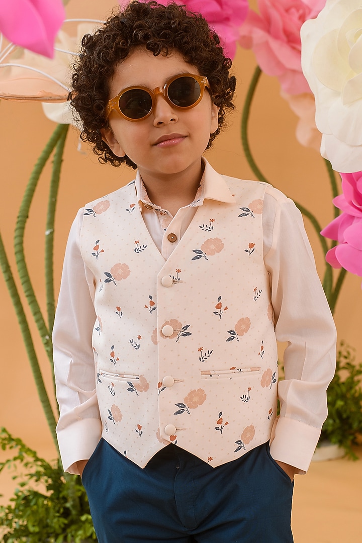 Peach Blush Printed Waistcoat For Boys by Littleens at Pernia's Pop Up Shop