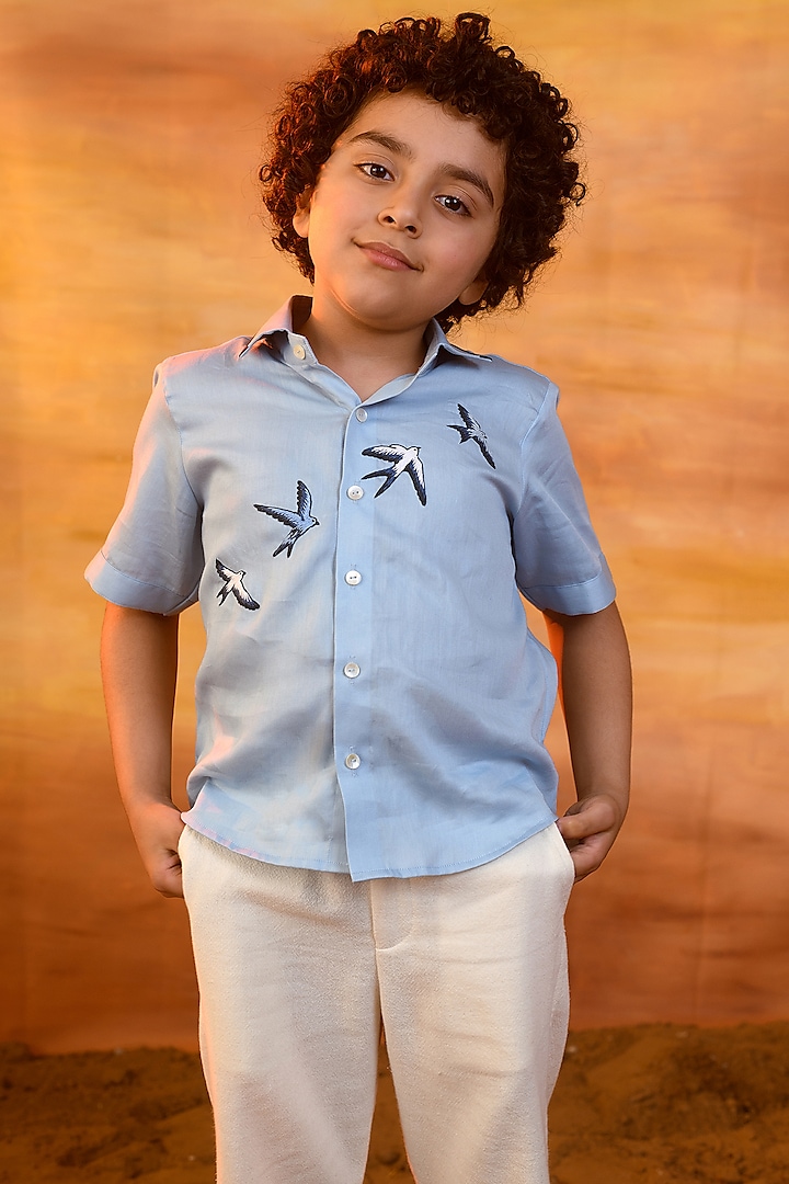 Pastel Blue Cotton Satin Shirt For Boys by Littleens at Pernia's Pop Up Shop