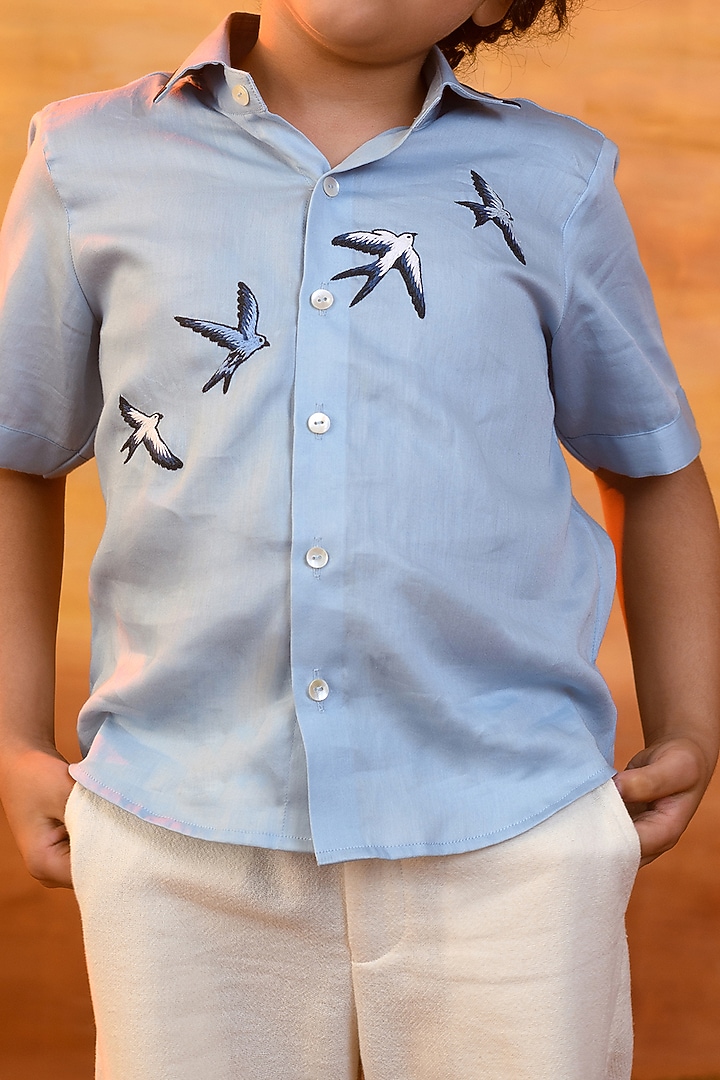 Pastel Blue Cotton Satin Shirt For Boys by Littleens at Pernia's Pop Up Shop
