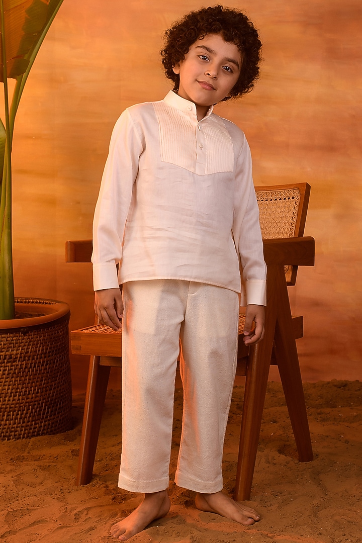 Peach Blush Cotton Satin Shirt Kurta For Boys by Littleens at Pernia's Pop Up Shop