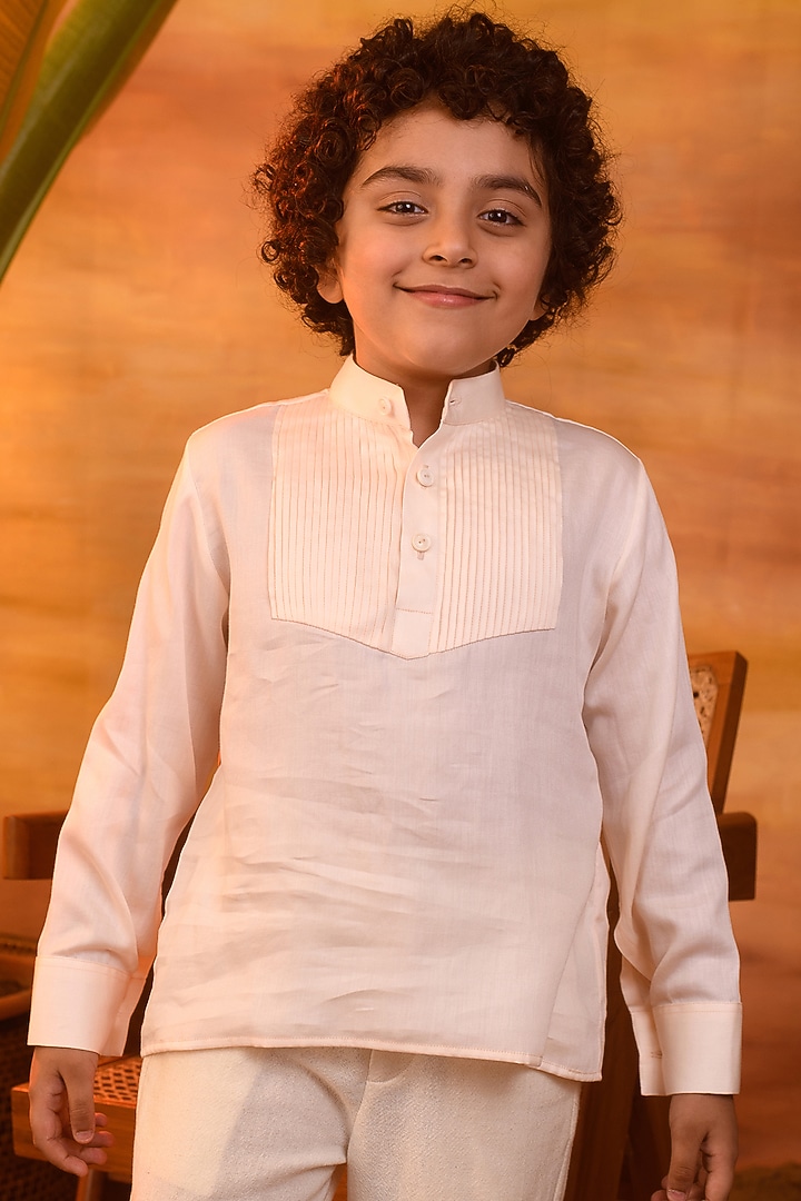 Peach Blush Cotton Satin Shirt Kurta For Boys by Littleens at Pernia's Pop Up Shop