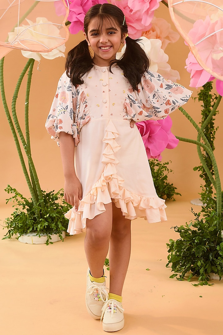Peach Blush Printed Mini Dress For Girls by Littleens