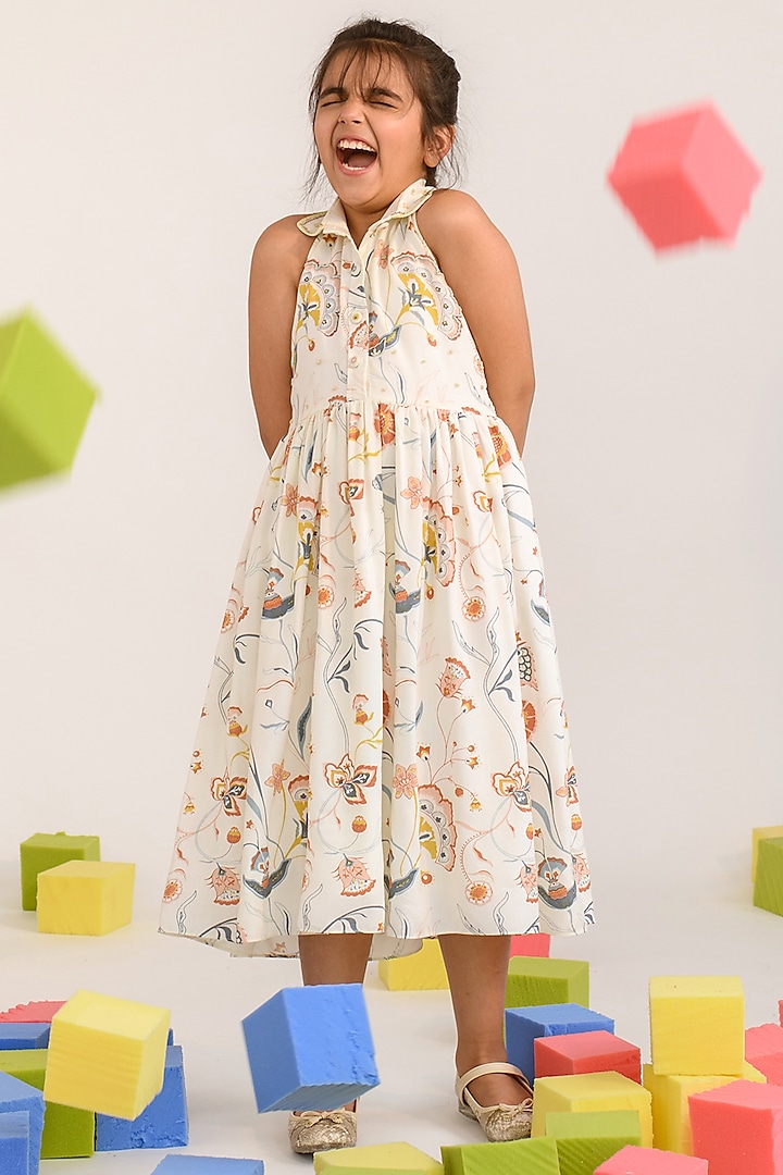 Pastel Yellow Printed Dress For Girls by Littleens