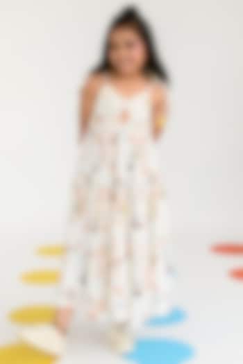 White Printed Strappy Dress For Girls by Littleens