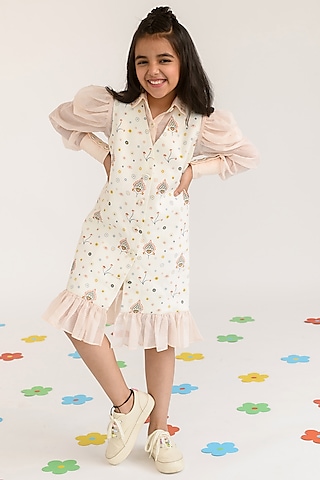 Peach Blush Printed Blazer Dress For Girls by Littleens