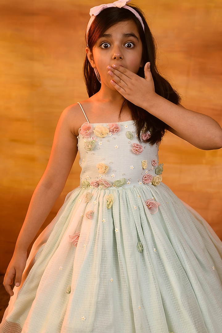 Aqua Glass Embellished Dress For Girls by Littleens at Pernia's Pop Up Shop