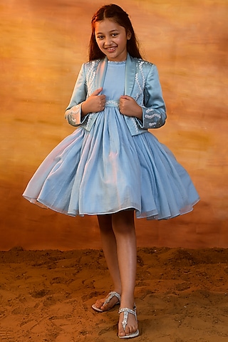 Pastel Blue Votex Dress With Jacket For Girls by Littleens