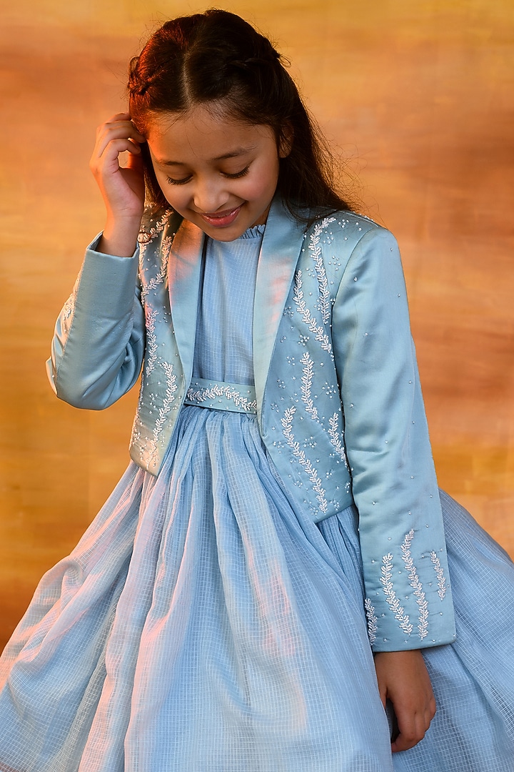 Pastel Blue Votex Dress With Jacket For Girls by Littleens at Pernia's Pop Up Shop