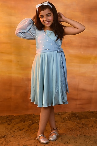 Pastel Blue German Satin Dress With Shrug For Girls by Littleens