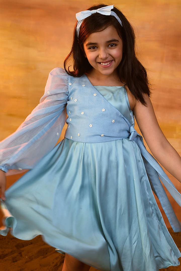 Pastel Blue German Satin Dress With Shrug For Girls by Littleens at Pernia's Pop Up Shop