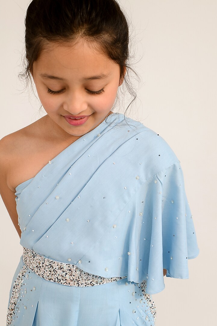 Pastel Blue Votex Jumpsuit For Girls by Littleens at Pernia's Pop Up Shop