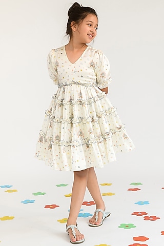 White Printed Dress For Girls by Littleens