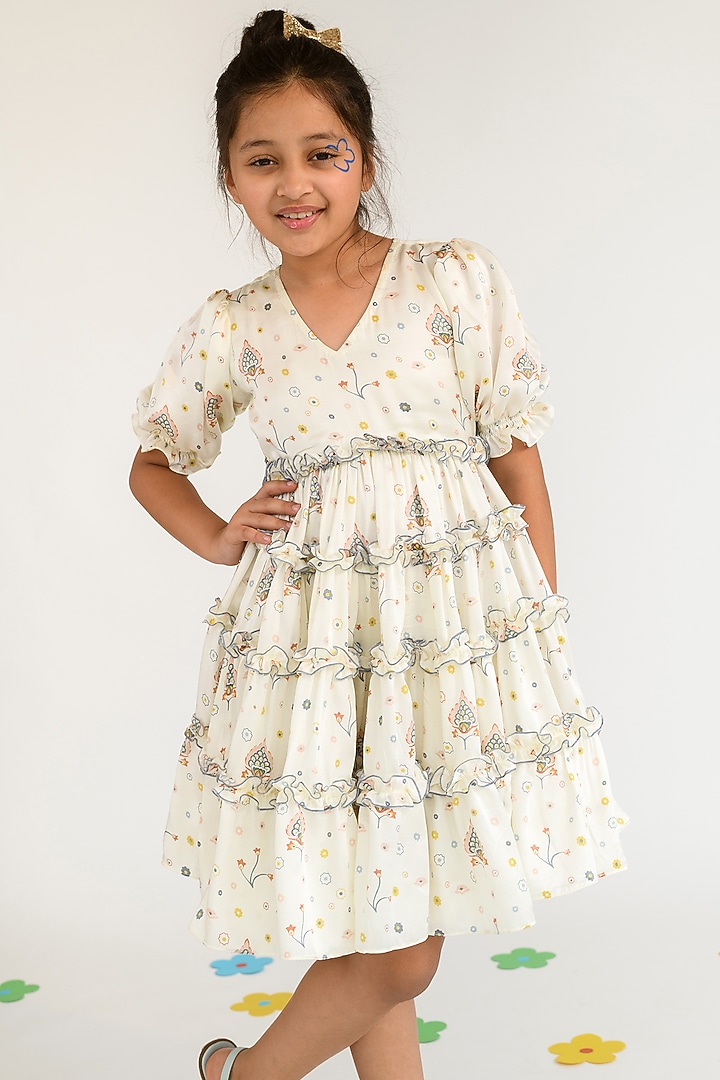 White Printed Dress For Girls by Littleens at Pernia's Pop Up Shop