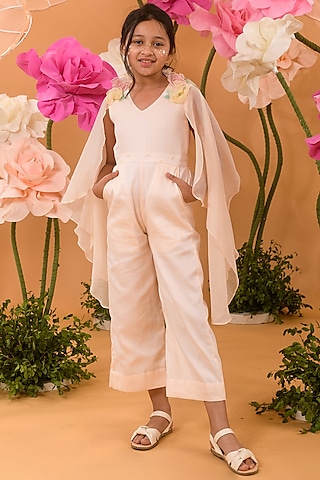 Peach Blush Cotton Satin Jumpsuit For Girls by Littleens