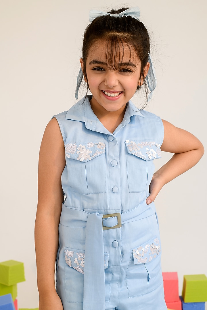 Pastel Blue Cotton Satin Playsuit For Girls by Littleens at Pernia's Pop Up Shop