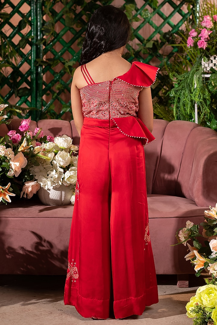 Red Embroidered Jumpsuit For Girls by Littleens at Pernia's Pop Up Shop