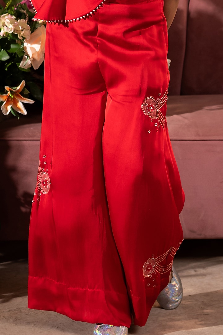Red Embroidered Jumpsuit For Girls by Littleens at Pernia's Pop Up Shop