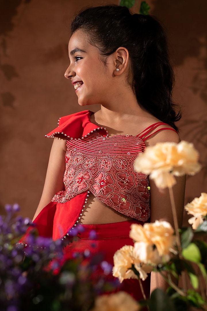 Red Embroidered Jumpsuit For Girls by Littleens at Pernia's Pop Up Shop